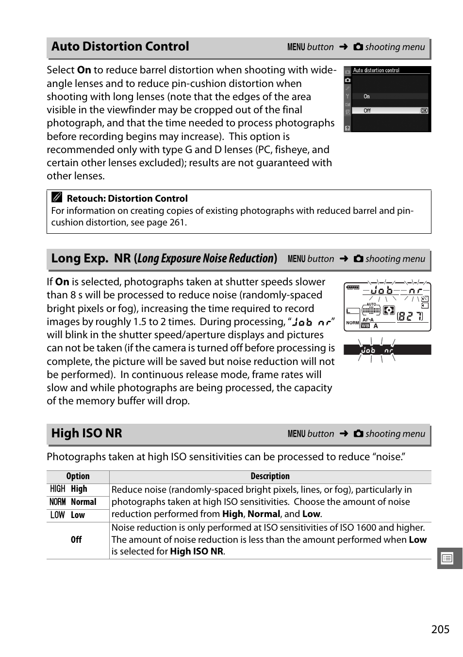 Auto distortion control, Long exp. nr (long exposure noise reduction), High iso nr | Long exp. nr ( long exposure noise reduction ) | Nikon D7000 User Manual | Page 225 / 348