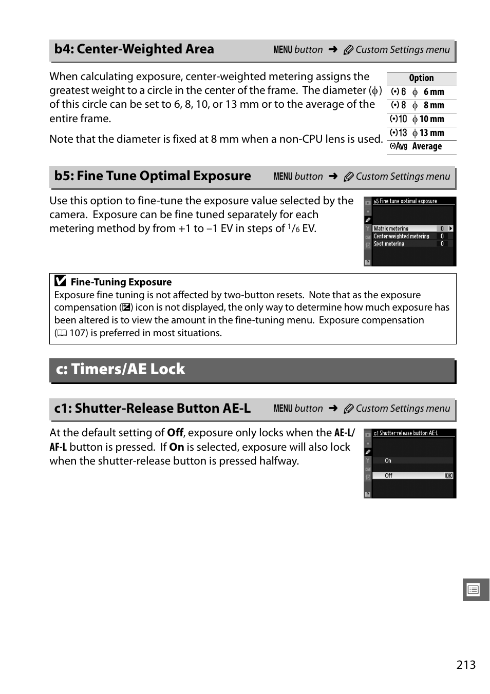 B4: center-weighted area, B5: fine tune optimal exposure, C: timers/ae lock | C1: shutter-release button ae-l | Nikon D7000 User Manual | Page 233 / 348