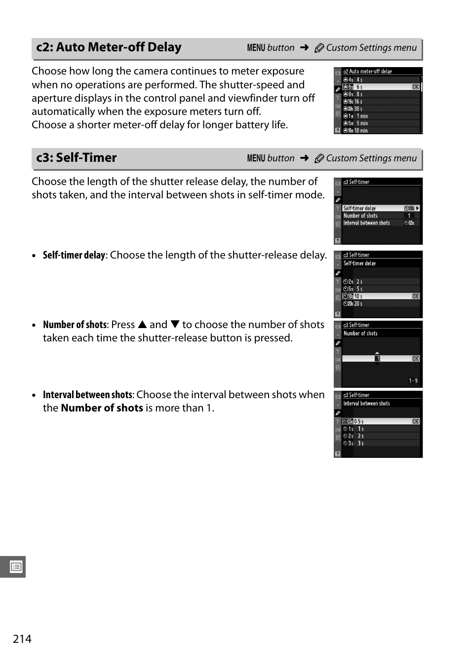 C2: auto meter-off delay, C3: self-timer | Nikon D7000 User Manual | Page 234 / 348