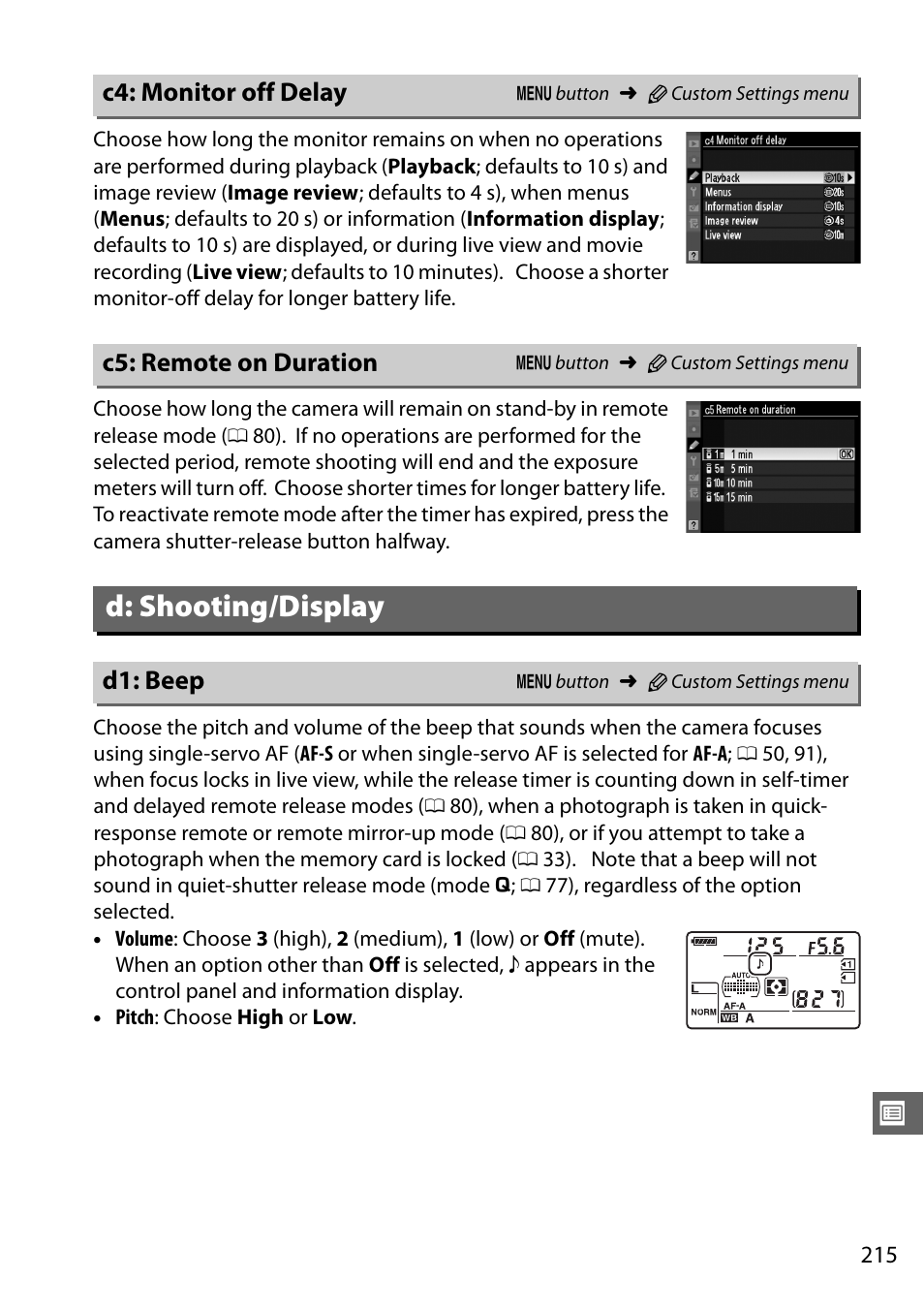 C4: monitor off delay, C5: remote on duration, D: shooting/display | D1: beep | Nikon D7000 User Manual | Page 235 / 348