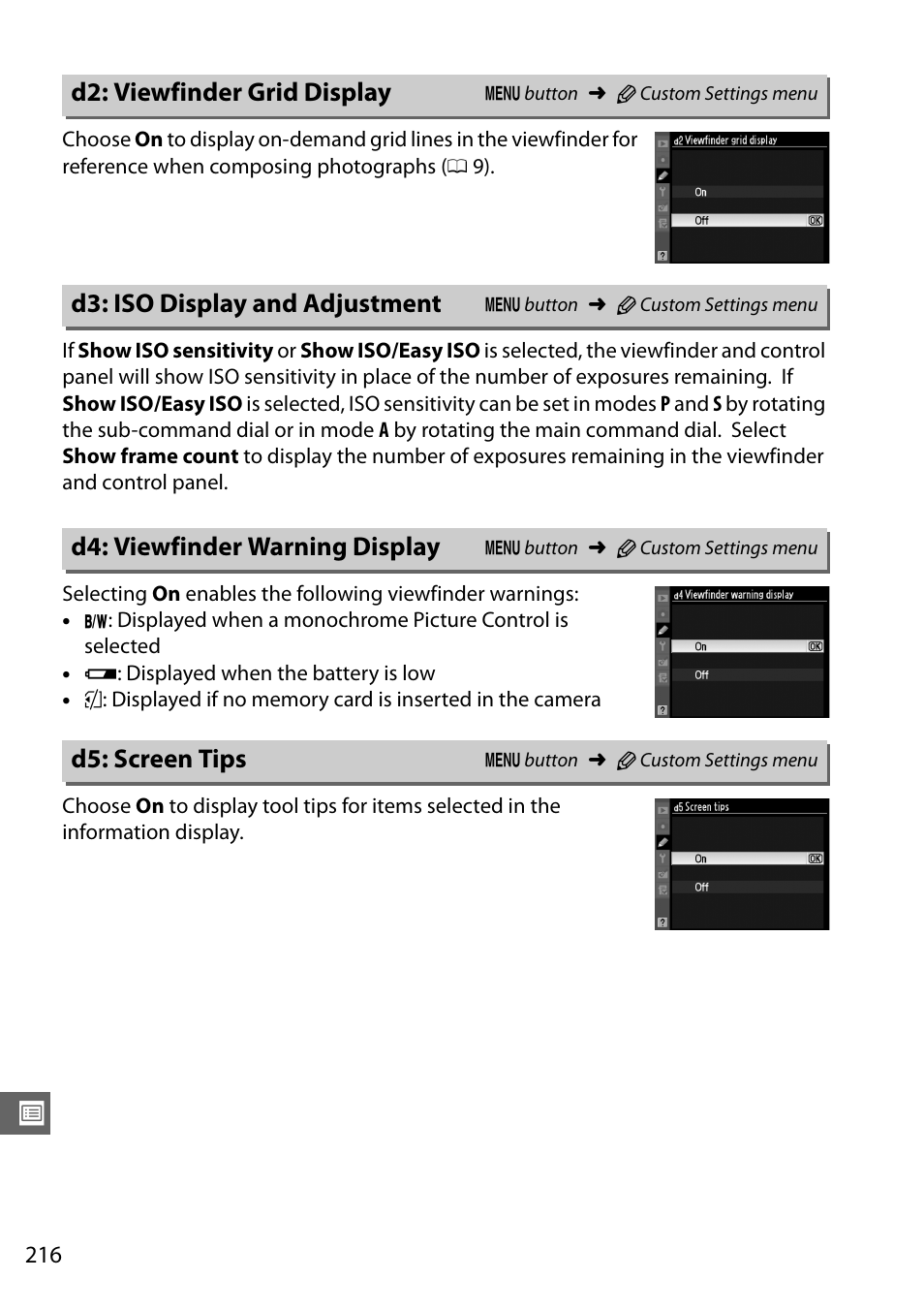 D2: viewfinder grid display, D3: iso display and adjustment, D4: viewfinder warning display | D5: screen tips | Nikon D7000 User Manual | Page 236 / 348