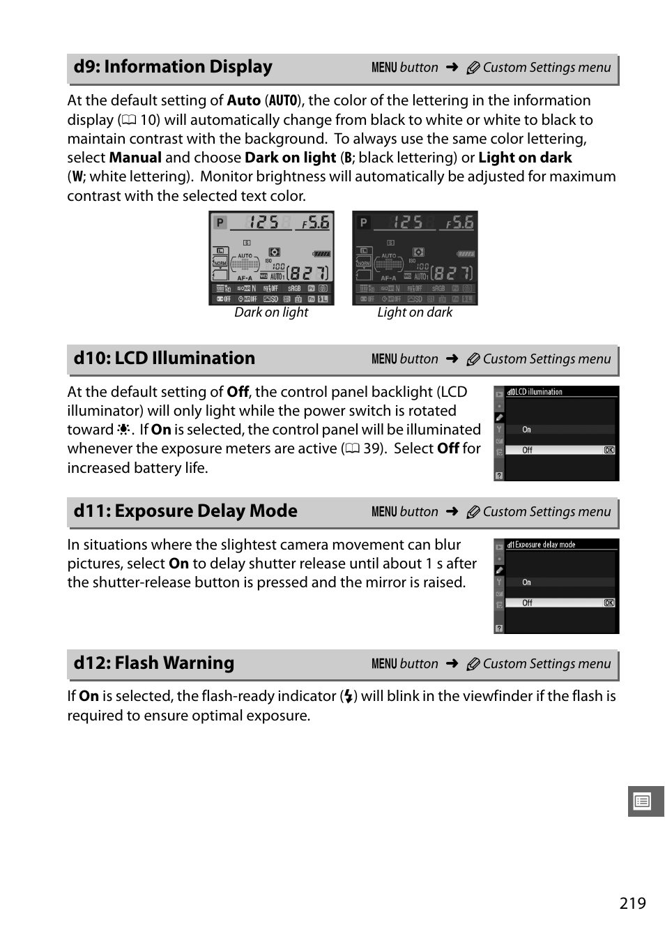 D9: information display, D10: lcd illumination, D11: exposure delay mode | D12: flash warning | Nikon D7000 User Manual | Page 239 / 348