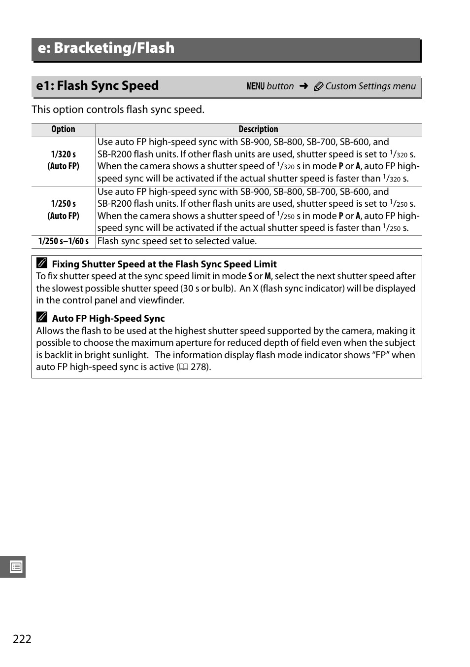 E: bracketing/flash, E1: flash sync speed | Nikon D7000 User Manual | Page 242 / 348