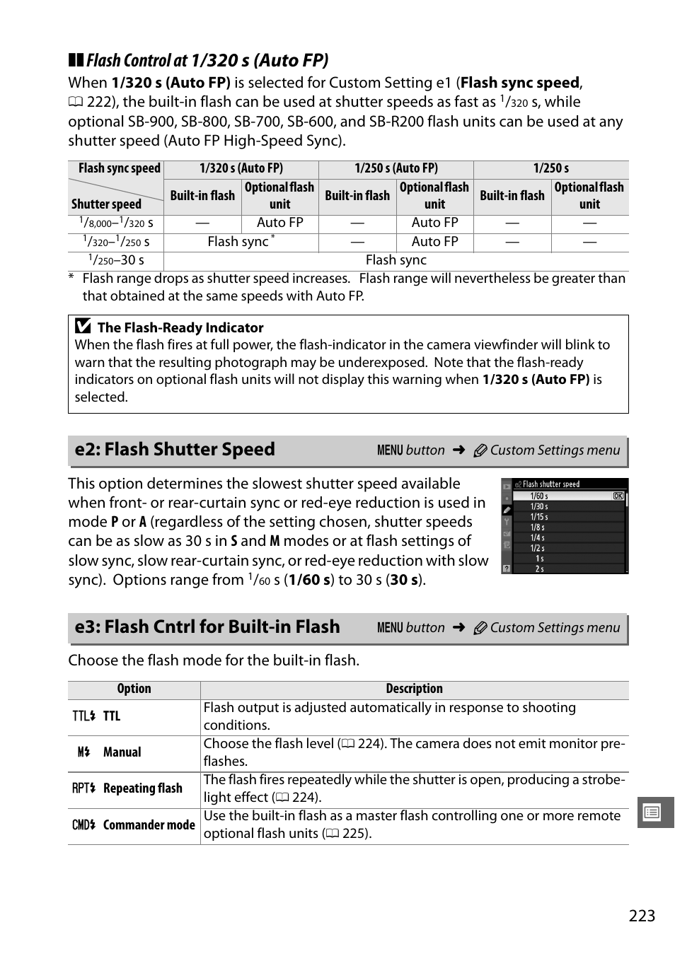 E2: flash shutter speed, E3: flash cntrl for built-in flash, Flash control at 1/320 s (auto fp) | Nikon D7000 User Manual | Page 243 / 348