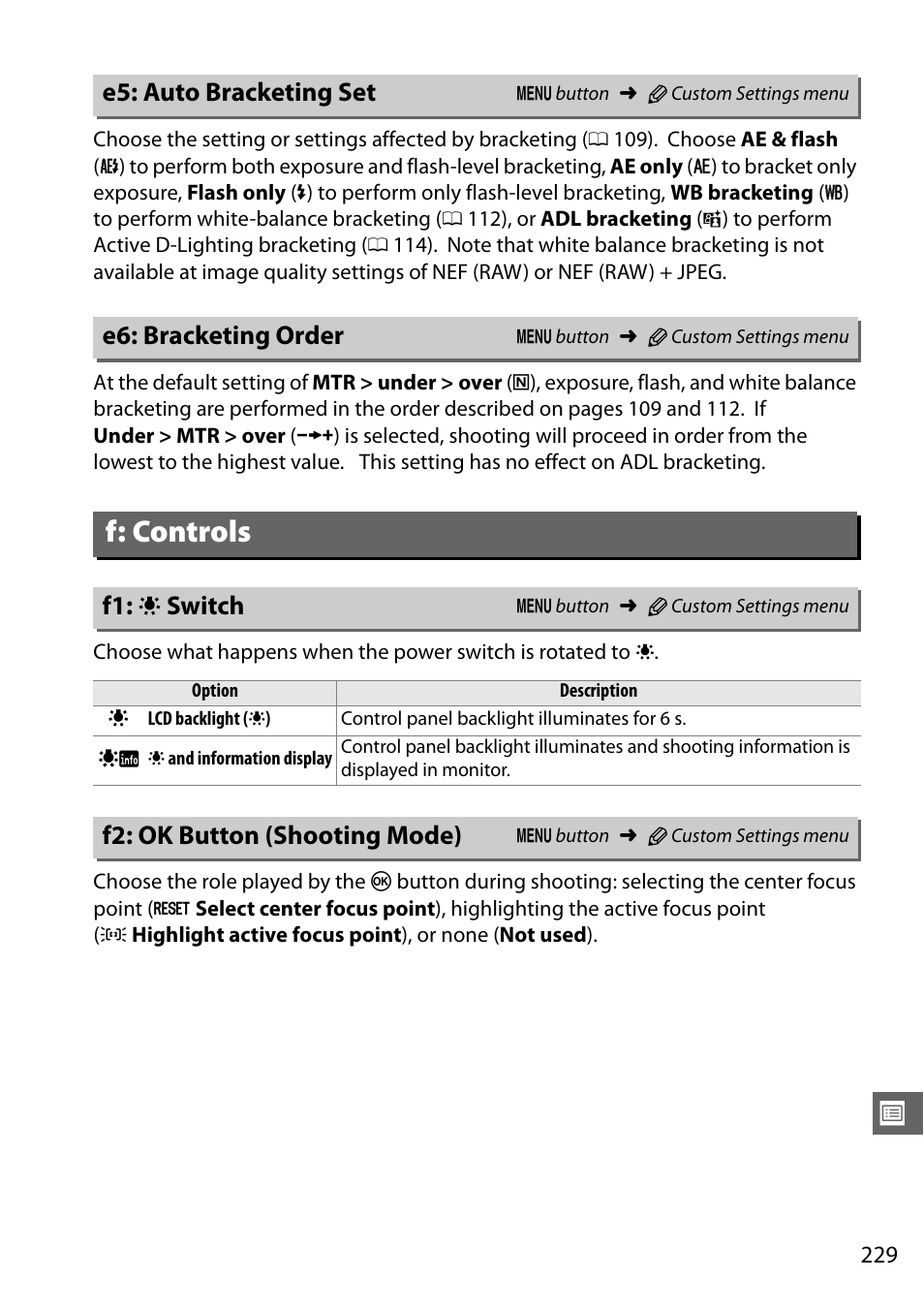 E5: auto bracketing set, E6: bracketing order, F: controls | F1: lcd illuminator switch, F2: ok button (shooting mode), F1: d switch | Nikon D7000 User Manual | Page 249 / 348