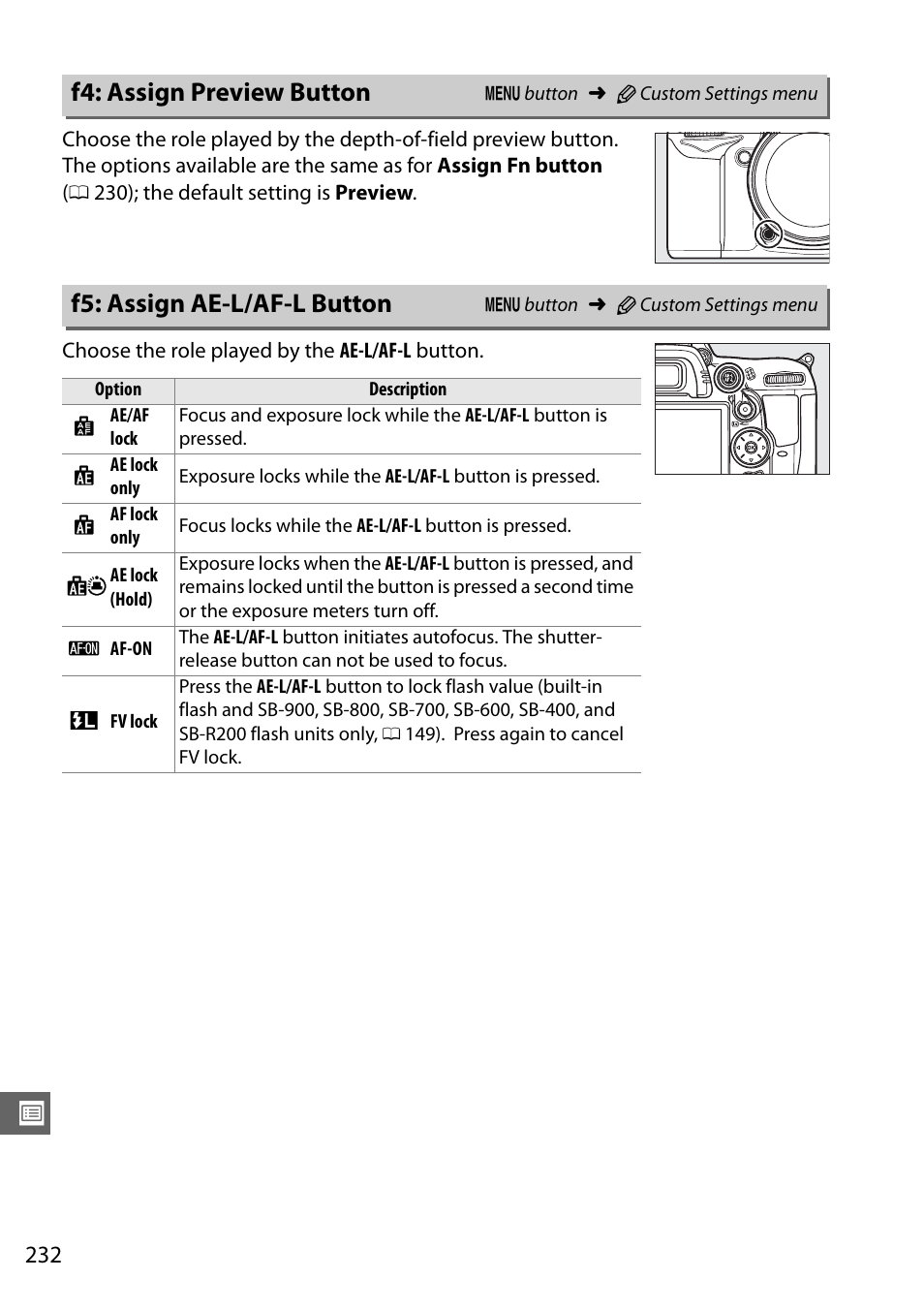 F4: assign preview button, F5: assign ae-l/af-l button | Nikon D7000 User Manual | Page 252 / 348