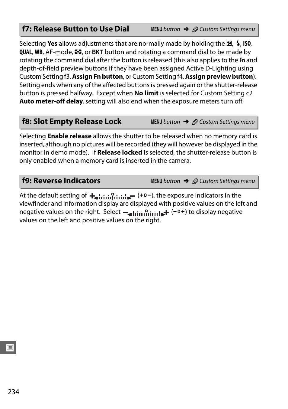F7: release button to use dial, F8: slot empty release lock, F9: reverse indicators | Nikon D7000 User Manual | Page 254 / 348