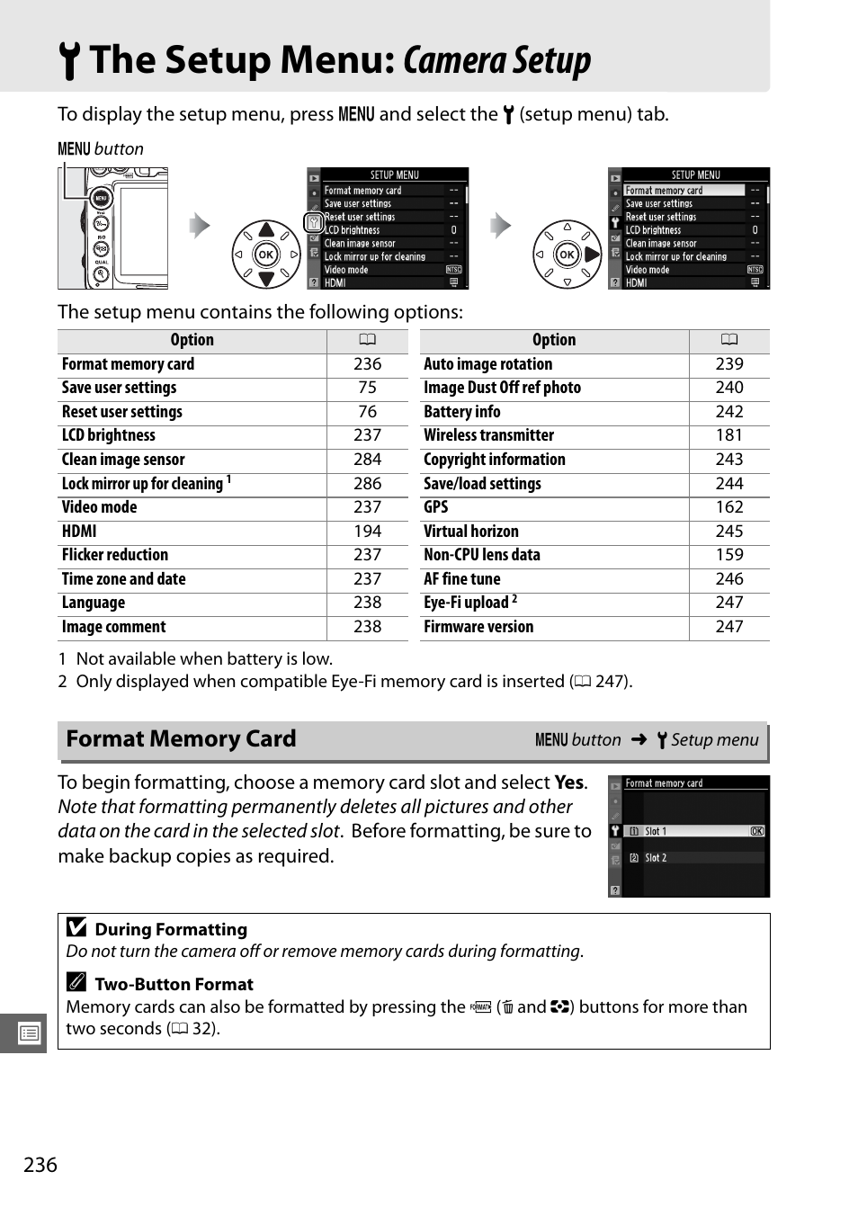 The setup menu: camera setup, Format memory card, B the setup menu: camera setup | Nikon D7000 User Manual | Page 256 / 348