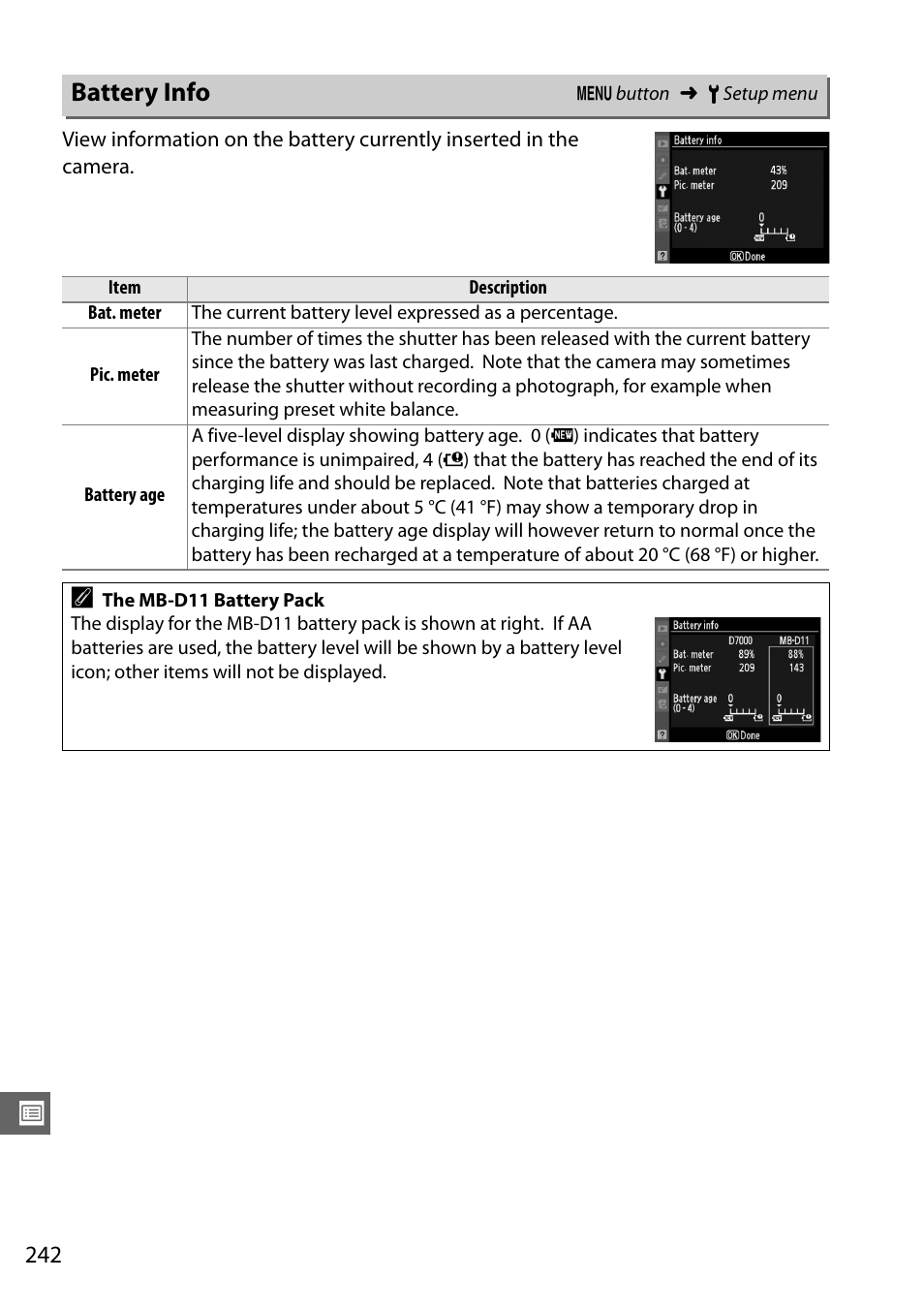 Battery info | Nikon D7000 User Manual | Page 262 / 348