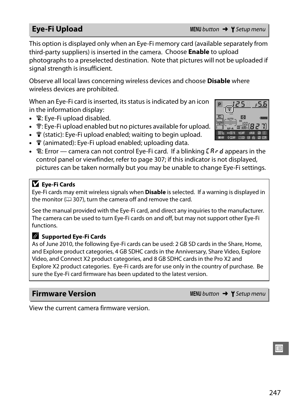 Eye-fi upload, Firmware version | Nikon D7000 User Manual | Page 267 / 348