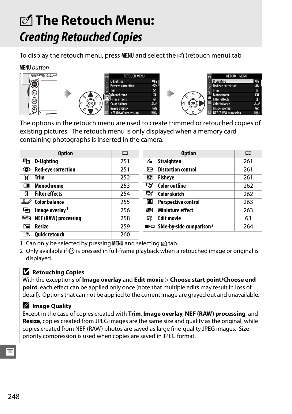 The retouch menu:creating retouched copies, N the retouch menu: creating retouched copies | Nikon D7000 User Manual | Page 268 / 348