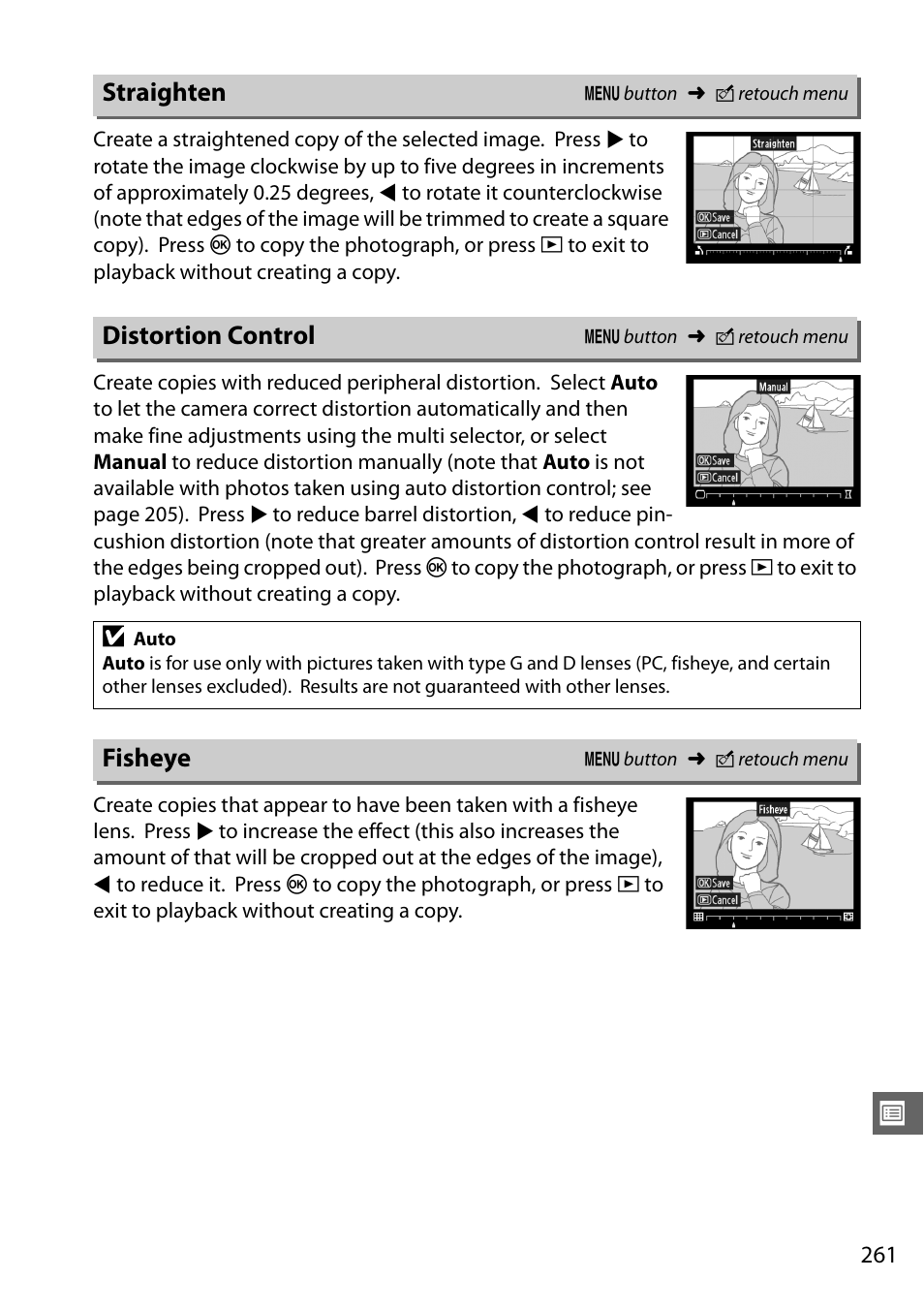 Straighten, Distortion control, Fisheye | Nikon D7000 User Manual | Page 281 / 348