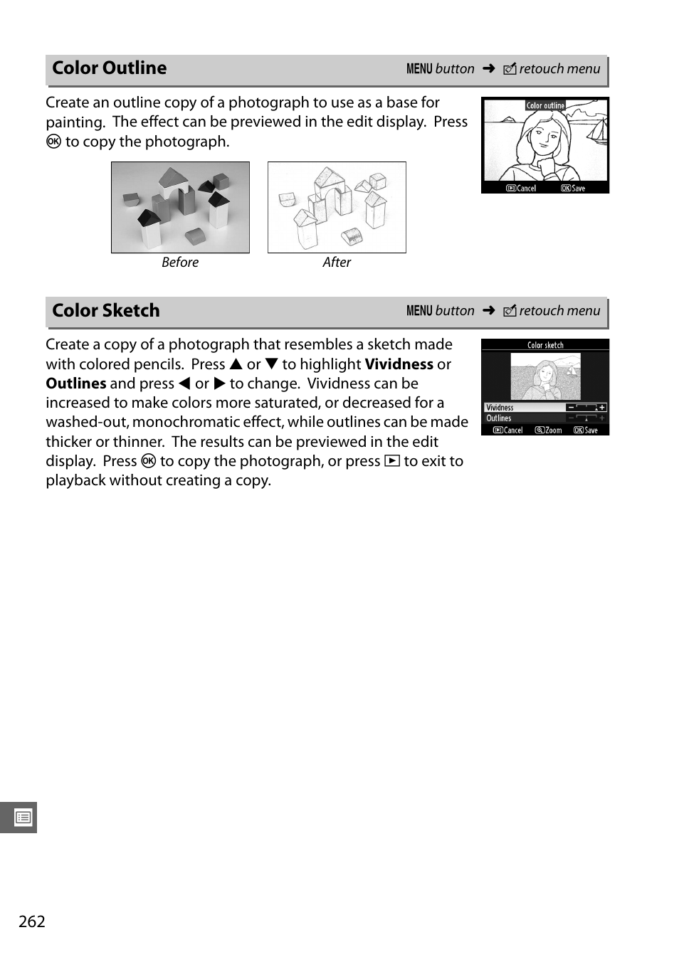 Color outline, Color sketch | Nikon D7000 User Manual | Page 282 / 348