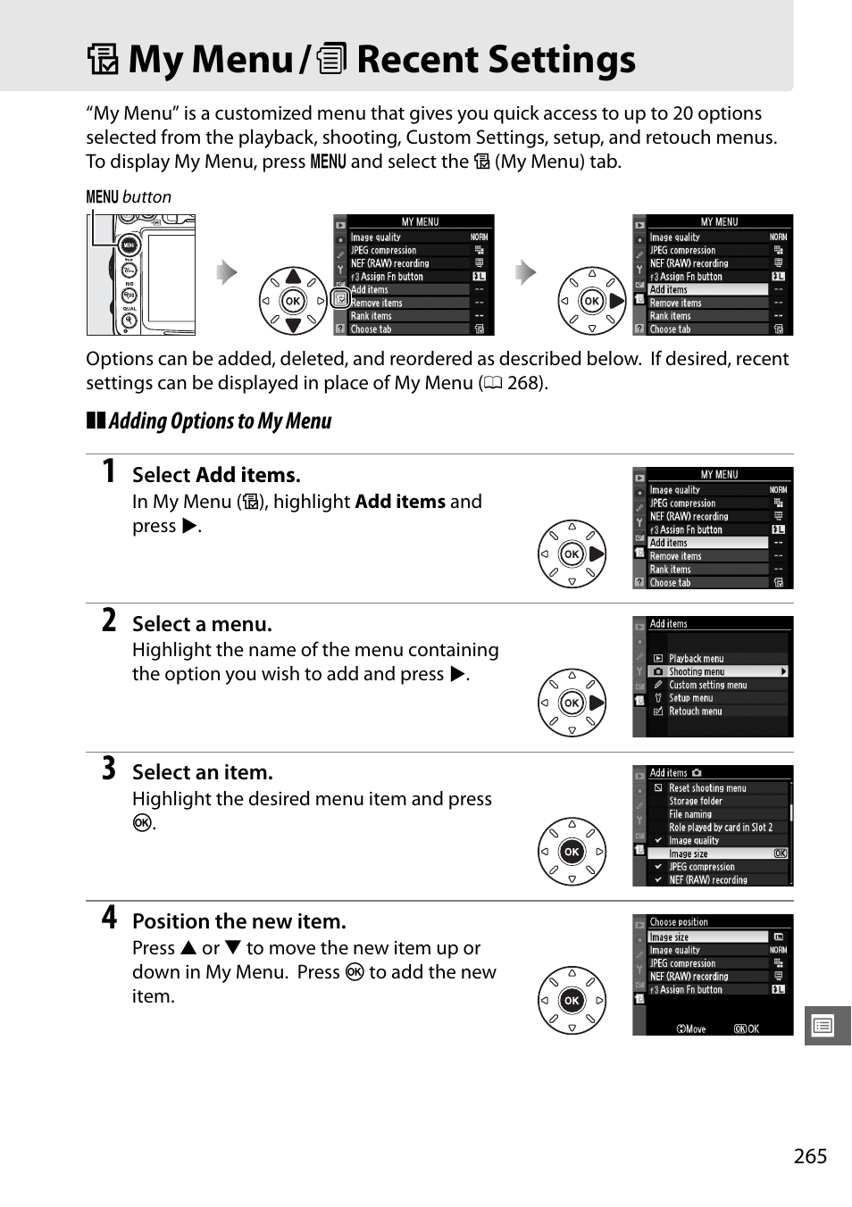 My menu/recent settings, O my menu/ m recent settings | Nikon D7000 User Manual | Page 285 / 348