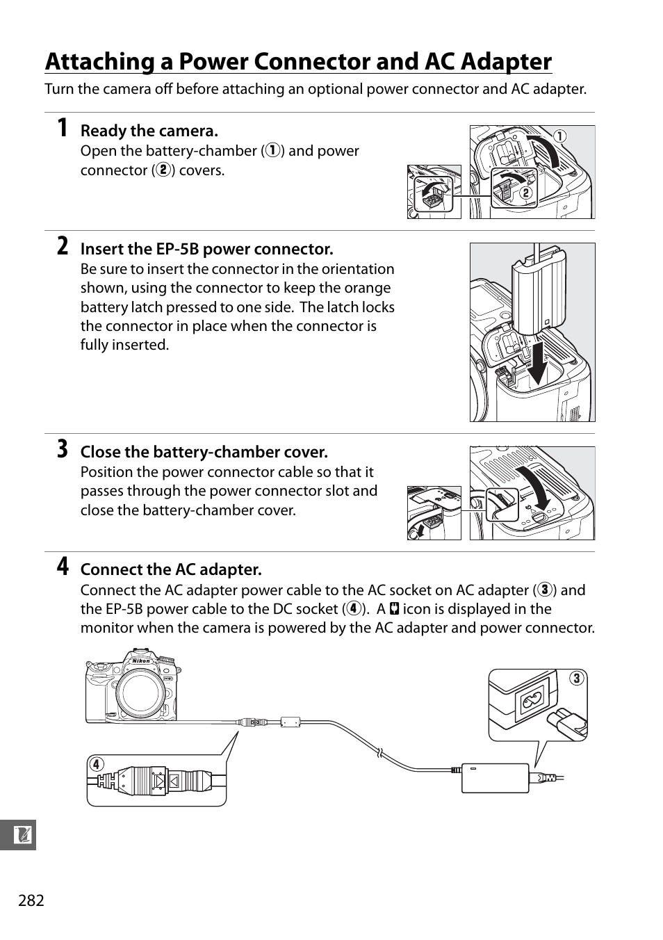 Attaching a power connector and ac adapter | Nikon D7000 User Manual | Page 302 / 348