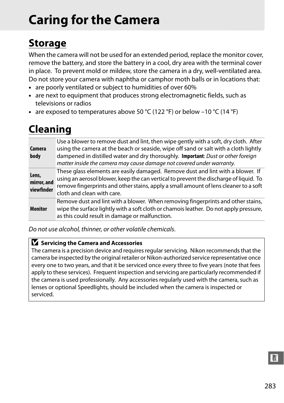 Caring for the camera, Storage, Cleaning | Nikon D7000 User Manual | Page 303 / 348