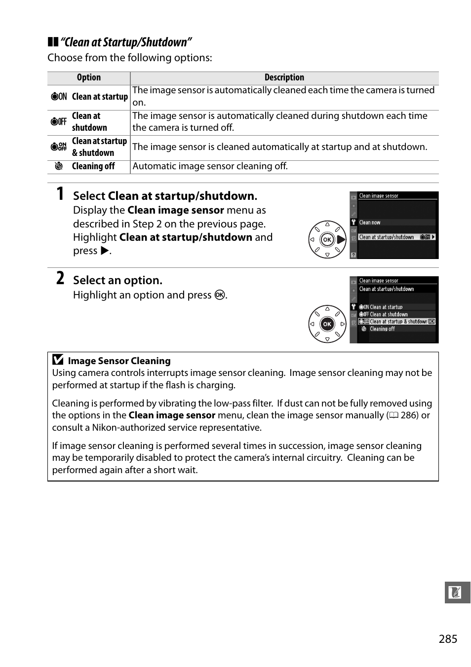 Clean at startup/shutdown | Nikon D7000 User Manual | Page 305 / 348