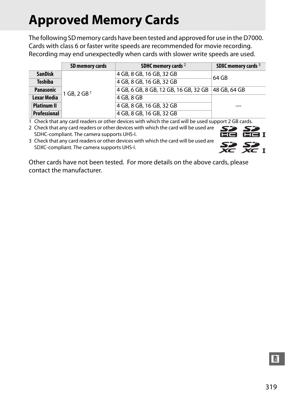 Approved memory cards | Nikon D7000 User Manual | Page 339 / 348