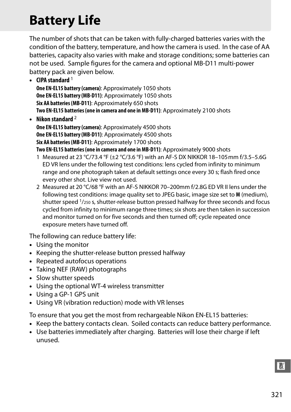 Battery life | Nikon D7000 User Manual | Page 341 / 348