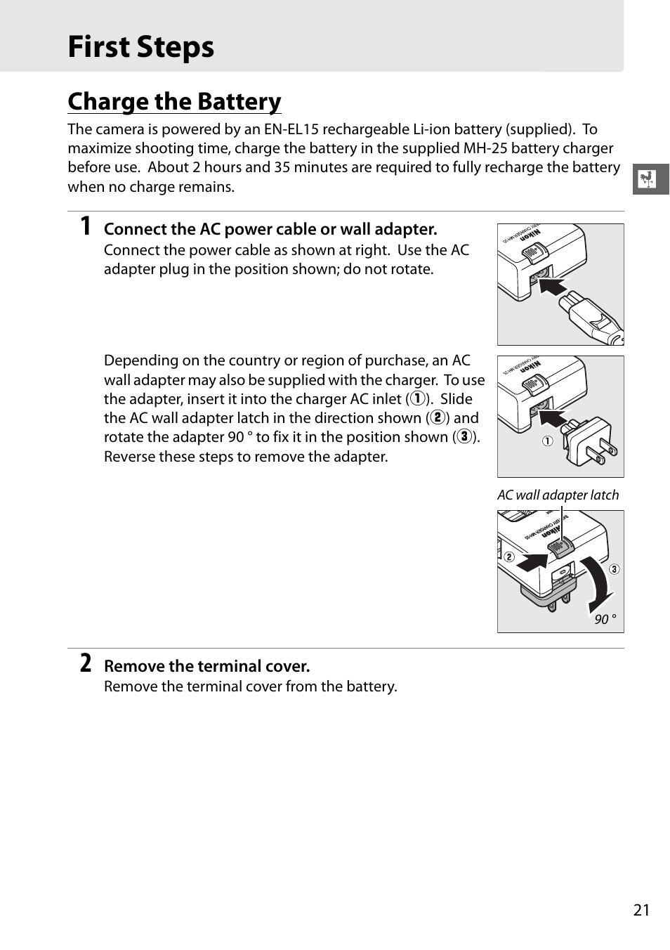 First steps, Charge the battery | Nikon D7000 User Manual | Page 41 / 348