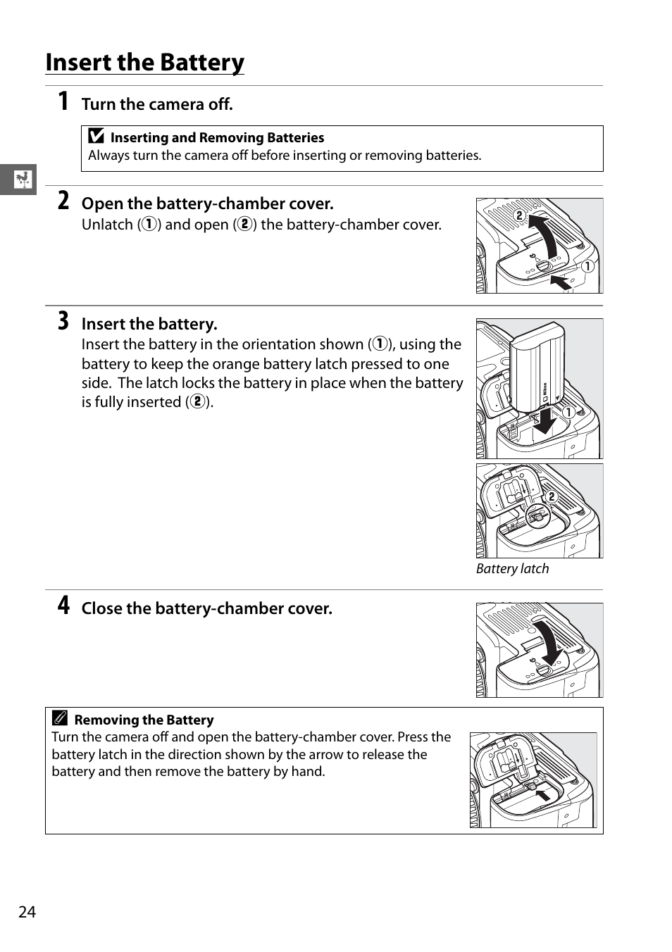 Insert the battery | Nikon D7000 User Manual | Page 44 / 348