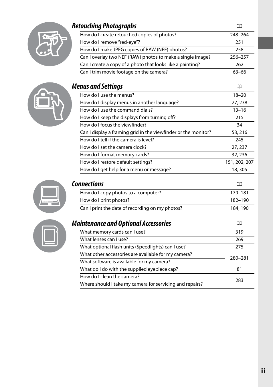 Retouching photographs, Menus and settings, Connections | Maintenance and optional accessories | Nikon D7000 User Manual | Page 5 / 348