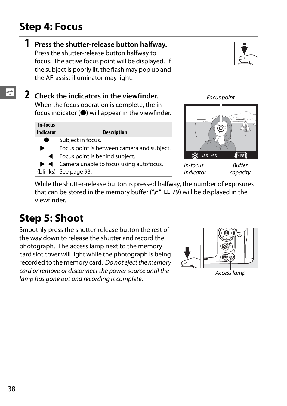 Step 4: focus, Step 5: shoot | Nikon D7000 User Manual | Page 58 / 348