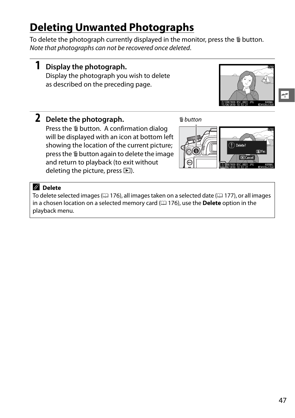 Deleting unwanted photographs | Nikon D7000 User Manual | Page 67 / 348