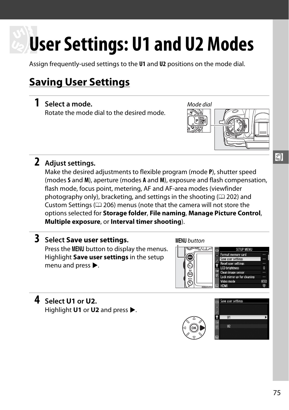 User settings: u1 and u2 modes, Saving user settings | Nikon D7000 User Manual | Page 95 / 348