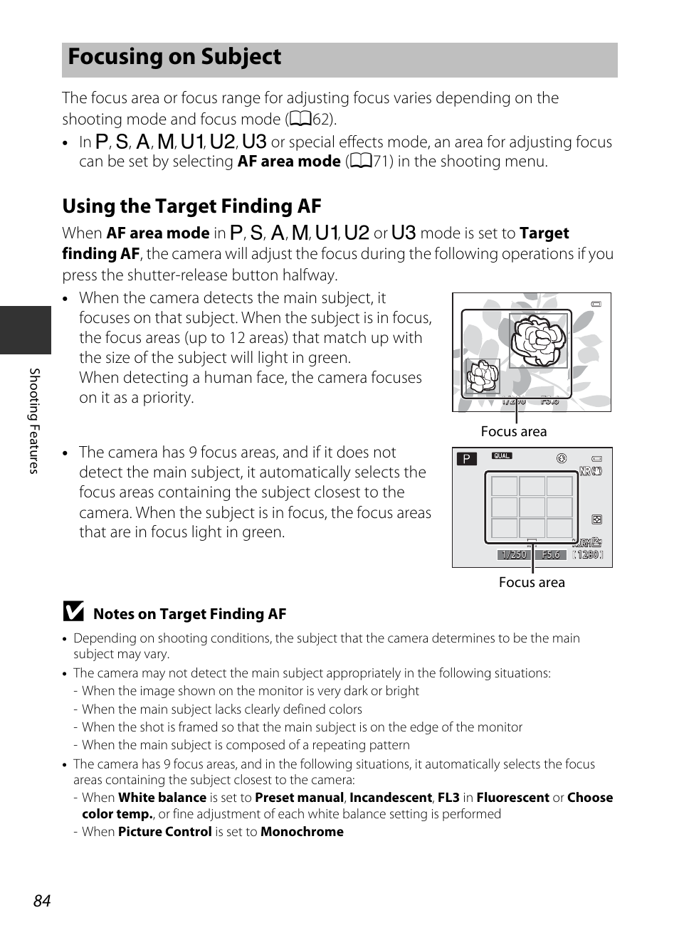 Focusing on subject, Using the target finding af | Nikon P7700 User Manual | Page 102 / 156