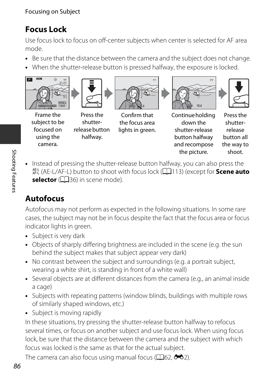 Focus lock, Autofocus, Focusing on subject | Nikon P7700 User Manual | Page 104 / 156