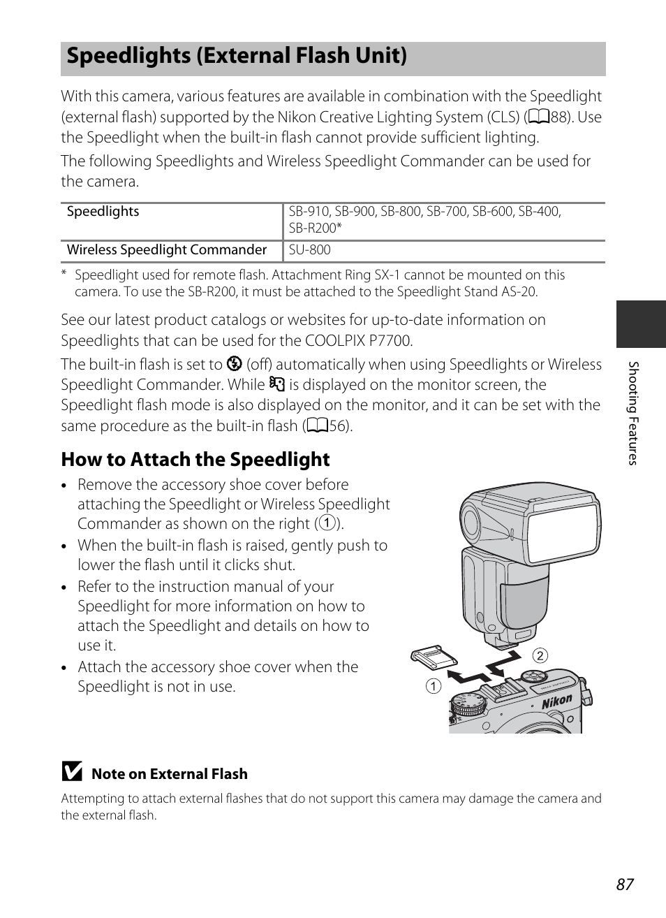 Speedlights (external flash unit), How to attach the speedlight | Nikon P7700 User Manual | Page 105 / 156