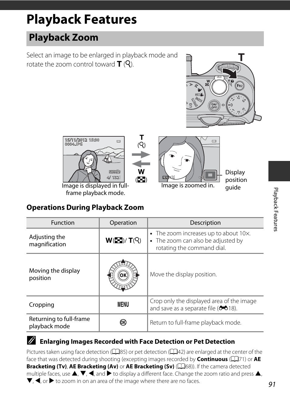 Playback features, Playback zoom, Operations during playback zoom | Nikon P7700 User Manual | Page 109 / 156