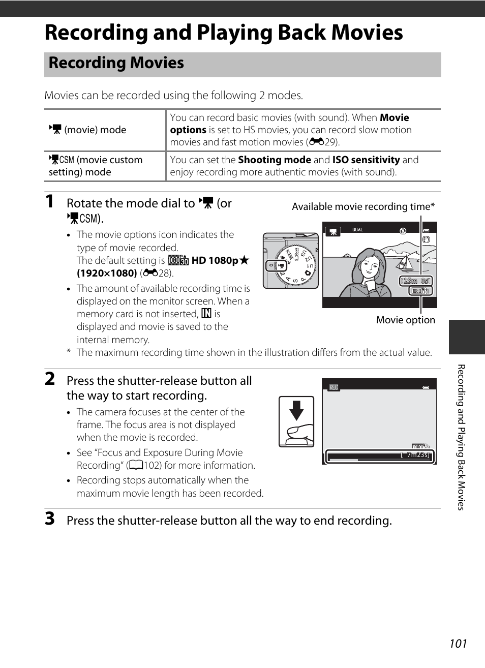 Recording and playing back movies, Recording movies | Nikon P7700 User Manual | Page 119 / 156