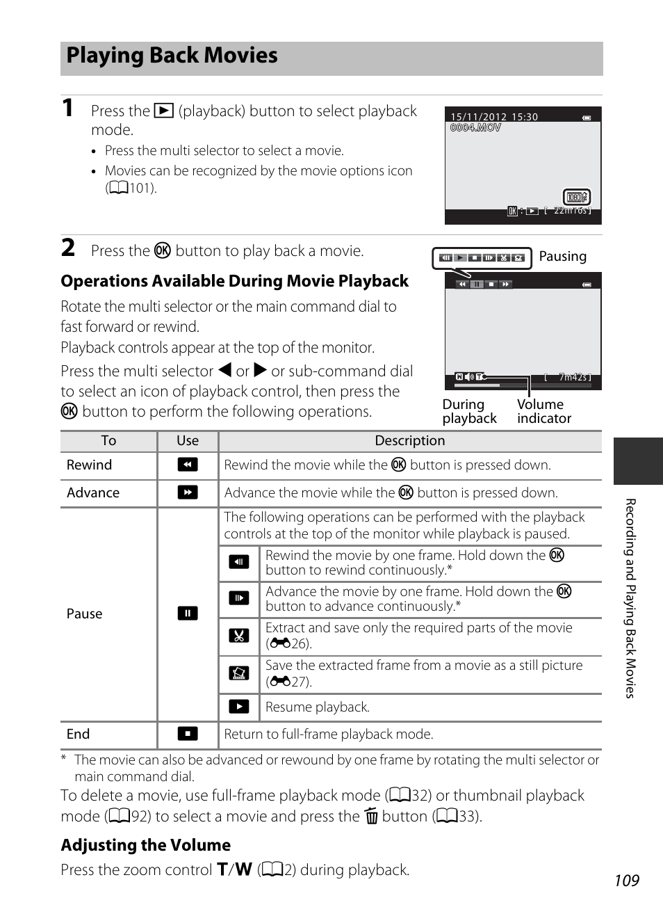 Playing back movies, Operations available during movie playback, Adjusting the volume | Nikon P7700 User Manual | Page 127 / 156