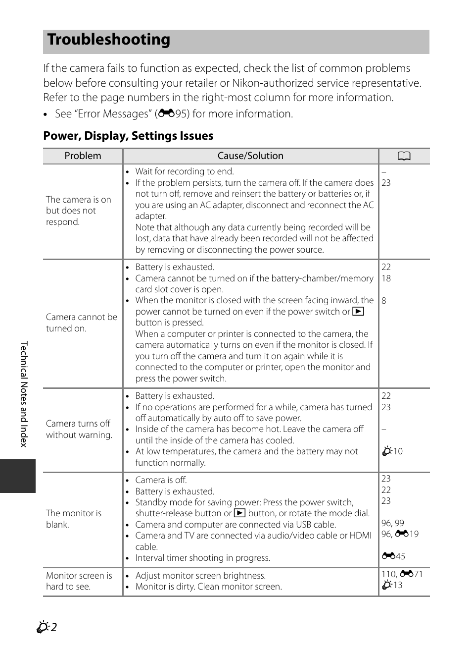 Troubleshooting, Power, display, settings issues | Nikon P7700 User Manual | Page 134 / 156