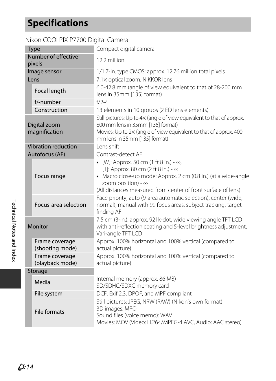 Specifications, F 14 | Nikon P7700 User Manual | Page 146 / 156