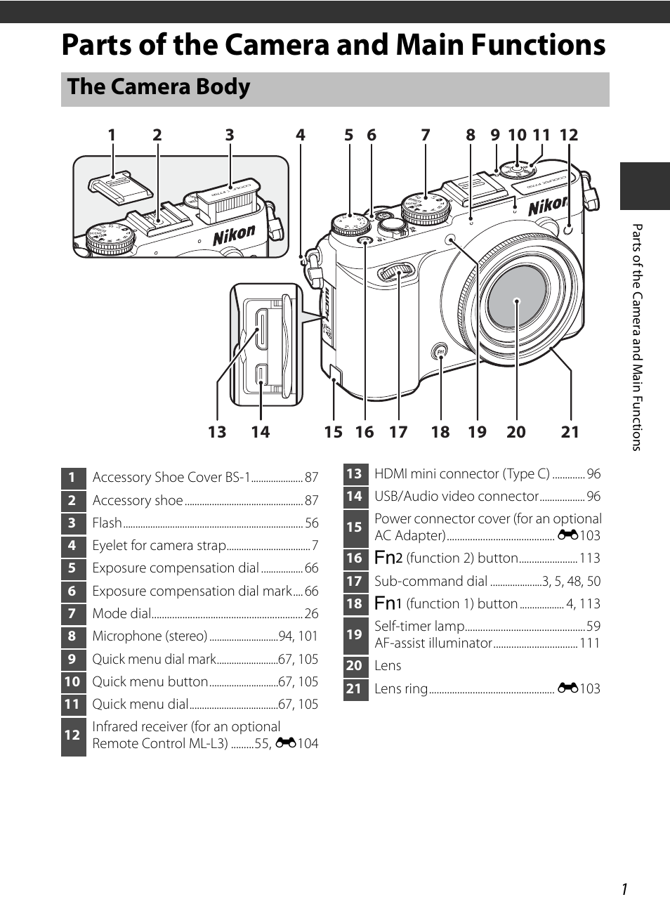 Parts of the camera and main functions, The camera body | Nikon P7700 User Manual | Page 19 / 156