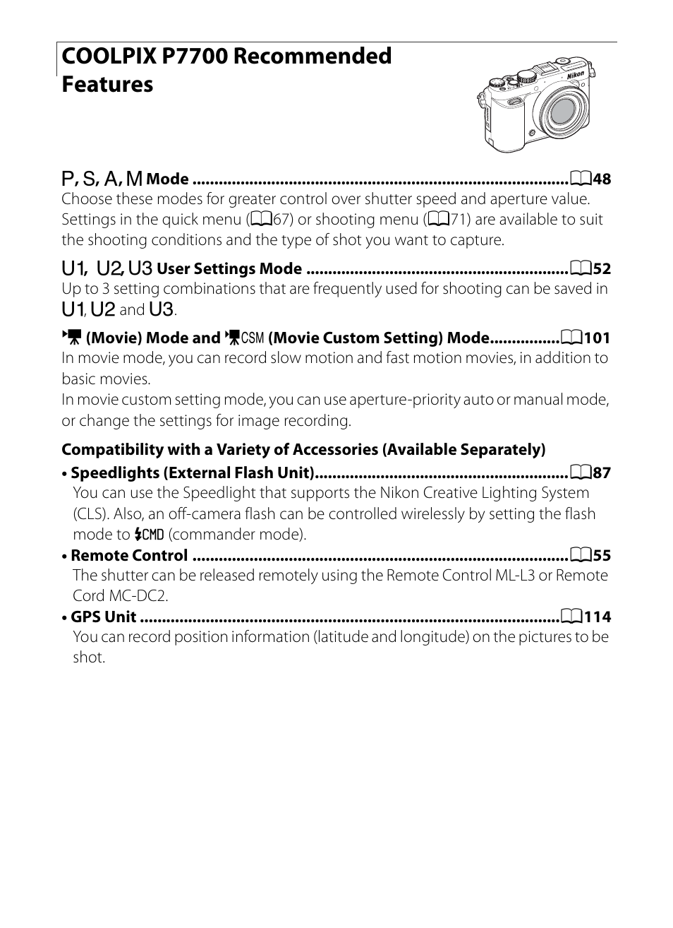 Coolpix p7700 recommended features | Nikon P7700 User Manual | Page 2 / 156