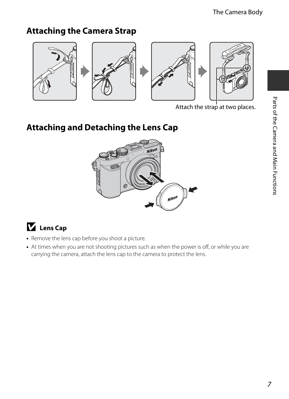 Attaching the camera strap, Attaching and detaching the lens cap | Nikon P7700 User Manual | Page 25 / 156