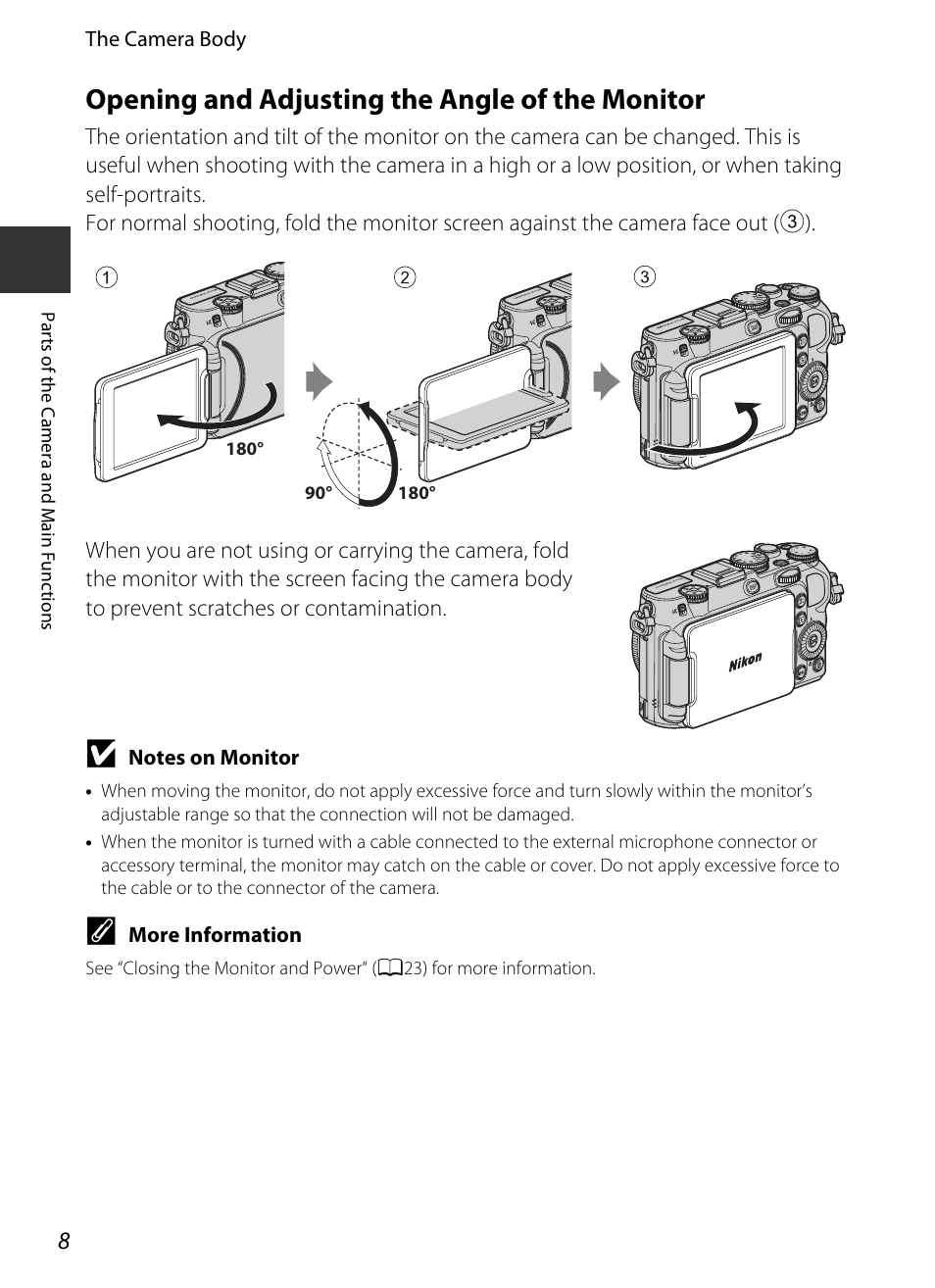 Opening and adjusting the angle of the monitor | Nikon P7700 User Manual | Page 26 / 156