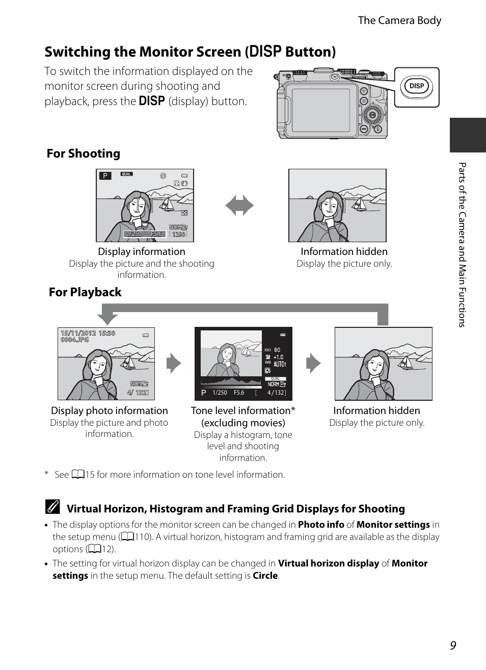 Switching the monitor screen (disp button), Switching the monitor screen ( s button), For shooting | For playback, The camera body | Nikon P7700 User Manual | Page 27 / 156