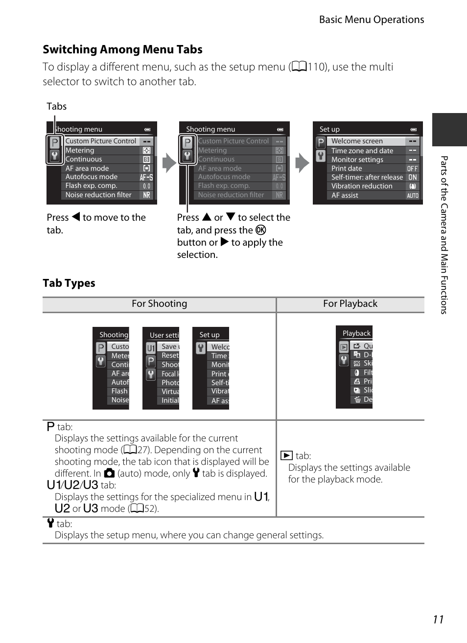 Switching among menu tabs, Basic menu operations | Nikon P7700 User Manual | Page 29 / 156