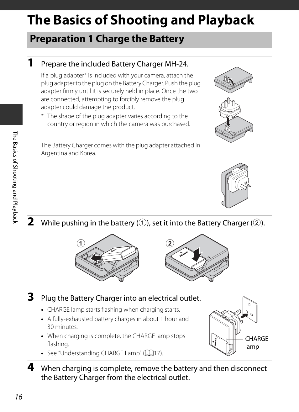 The basics of shooting and playback, Preparation 1 charge the battery | Nikon P7700 User Manual | Page 34 / 156