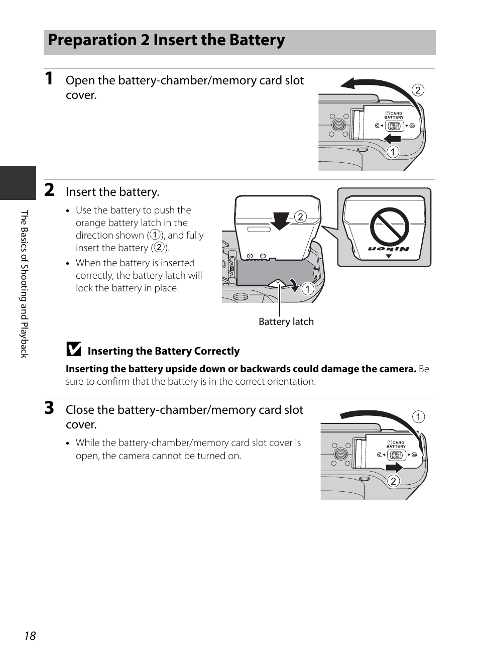 Preparation 2 insert the battery | Nikon P7700 User Manual | Page 36 / 156