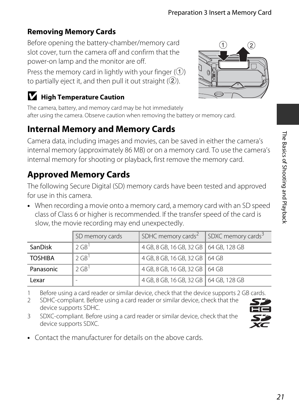 Internal memory and memory cards, Approved memory cards | Nikon P7700 User Manual | Page 39 / 156