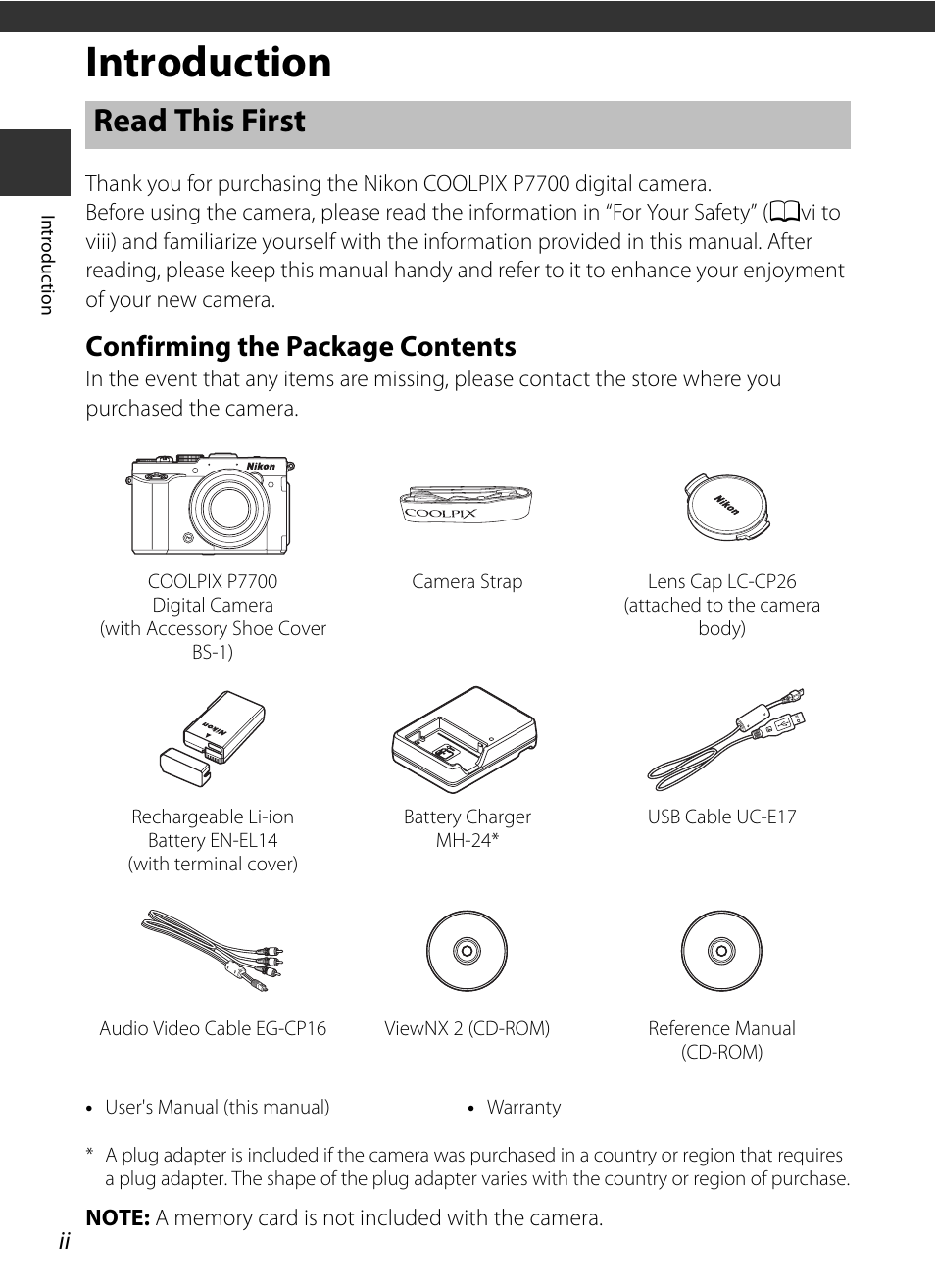 Introduction, Read this first, Confirming the package contents | Nikon P7700 User Manual | Page 4 / 156