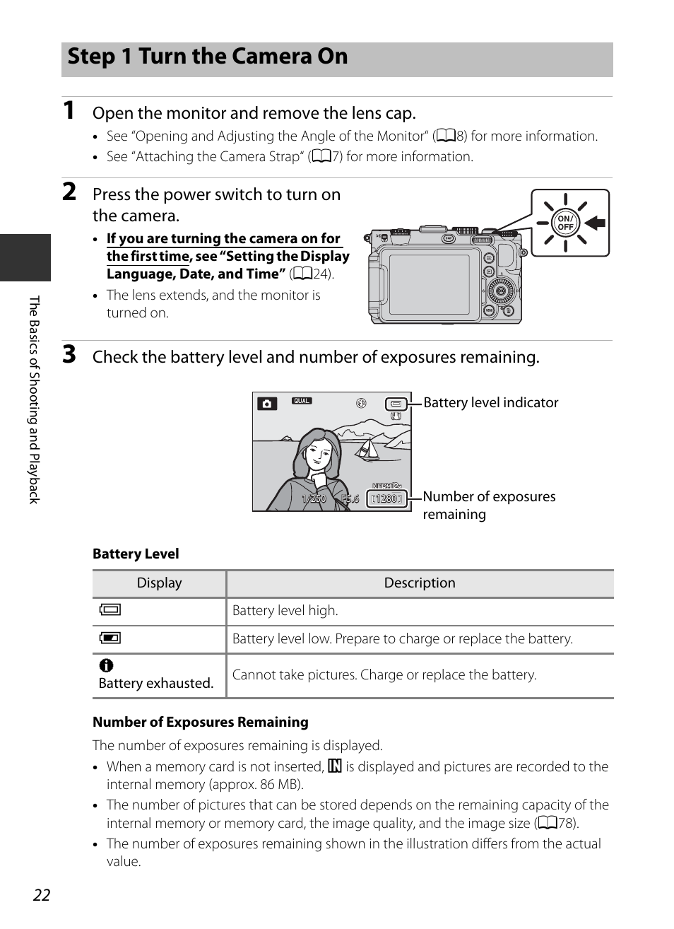 Step 1 turn the camera on, Open the monitor and remove the lens cap, Press the power switch to turn on the camera | Nikon P7700 User Manual | Page 40 / 156