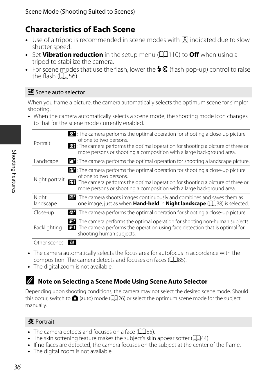 Characteristics of each scene | Nikon P7700 User Manual | Page 54 / 156