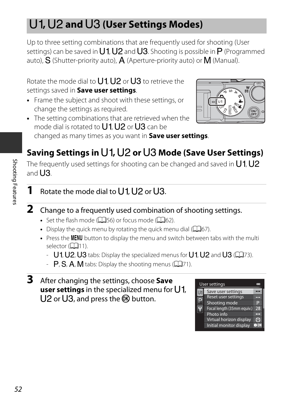 U1, u2 and u3 (user settings modes), E , f and n (user settings modes) | Nikon P7700 User Manual | Page 70 / 156